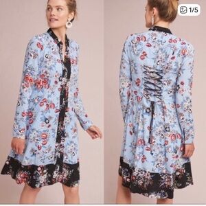 Anthropologie Light Blue Floral Lace-Up Back Dress